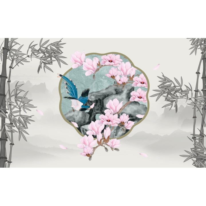 Paysage et bambou niveau de gris, magnolia rose et oiseau bleu dans jardin