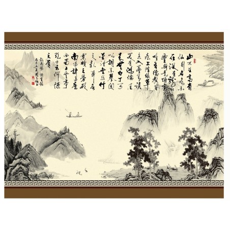 Papier peint chinois - Paysage avec calligraphie en noir et blanc