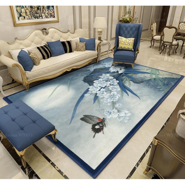 Tapis asiatique - Orchidée et papillon dans la nuit bleue, format rectangulaire