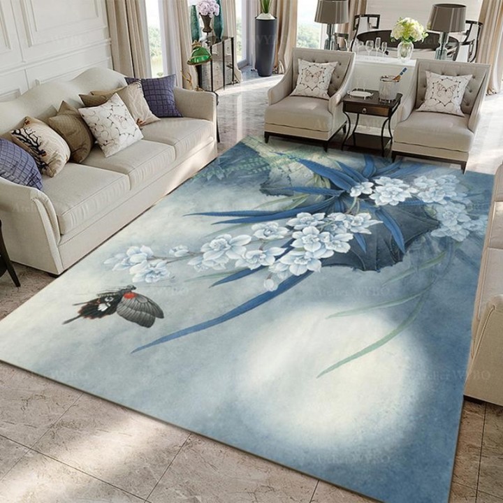 Tapis asiatique - Orchidée et papillon dans la nuit bleue, format rectangulaire