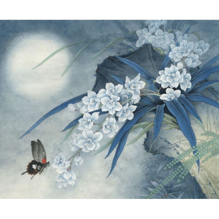Tapis asiatique - Orchidée et papillon dans la nuit bleue, format rectangulaire