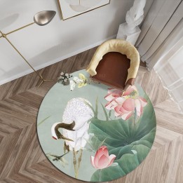 Tapis rond chinoiserie - Lotus rose, grue du Japon, papillons et libellule dans l'étang