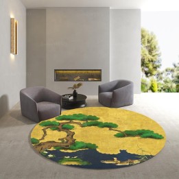 Tapis japonais jaune doré - Pin en forme de bonsaï et les canards, forme ronde