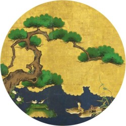 Tapis japonais jaune doré - Pin en forme de bonsaï et les canards, forme ronde