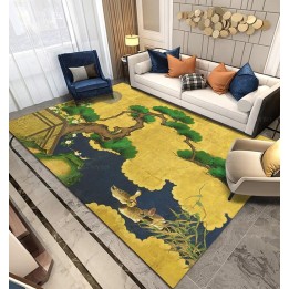 Tapis japonais jaune doré - Pin en forme de bonsaï et les canards, format rectangulaire