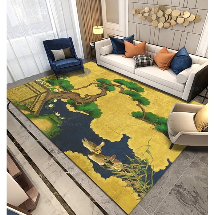 Tapis japonais jaune doré - Pin en forme de bonsaï et les canards, format rectangulaire