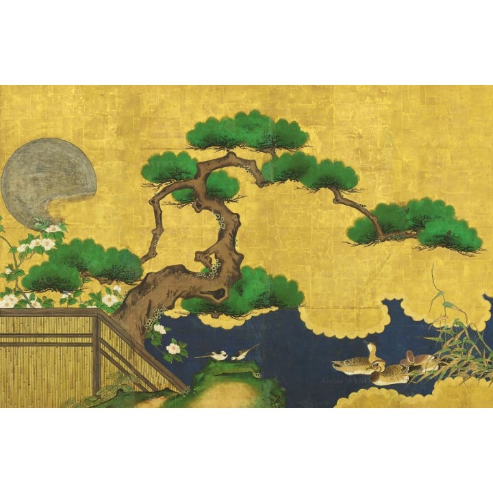 Tapis japonais jaune doré - Pin en forme de bonsaï et les canards, format rectangulaire
