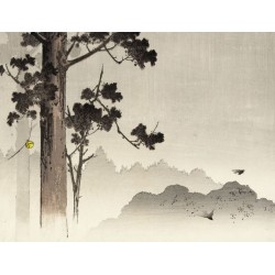 Tapis japonais beige sépia paysage de la montagne - Cloche pandant sur conifère