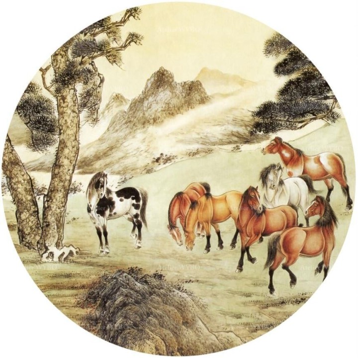 Tapis cheval aspect ancien - 8 chevaux sous les arbres dans la colline, forme ronde