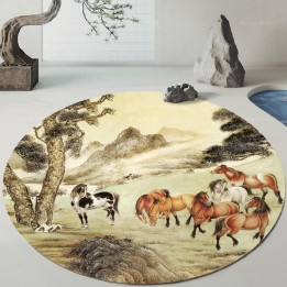 Tapis cheval aspect ancien - 8 chevaux sous les arbres dans la colline, forme ronde