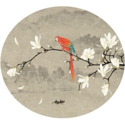 Tapis oval paysage zen avec fleurs et oiseaux - Perroquet arc-en-ciel sur branche de magnolia blanc