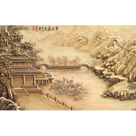 Papier peint asiatique effet bas relief - Maison au bordde la rivière