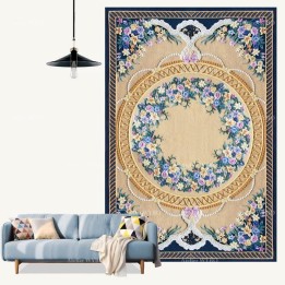 Tapis 3D fleurs violettes, perles et dentelles, fond jaune sable et bleu foncé