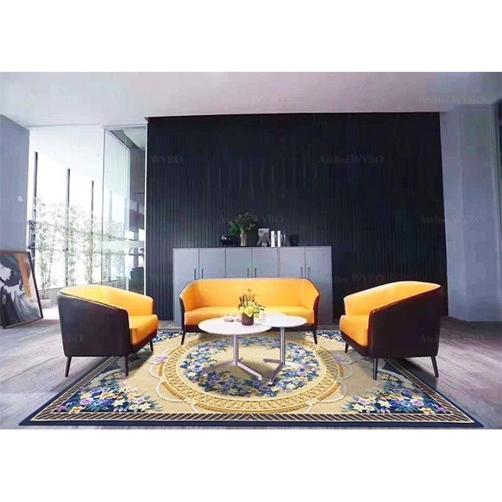 Tapis 3D fleurs violettes, perles et dentelles, fond jaune sable et bleu foncé