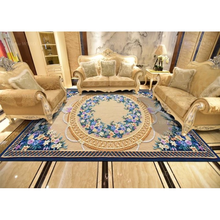 Tapis 3D fleurs violettes, perles et dentelles, fond jaune sable et bleu foncé