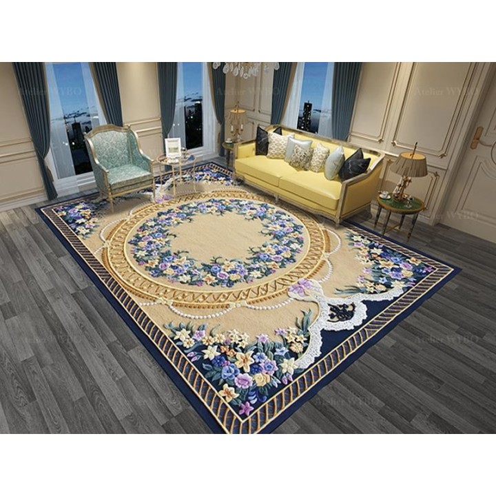 Tapis 3D fleurs violettes, perles et dentelles, fond jaune sable et bleu foncé