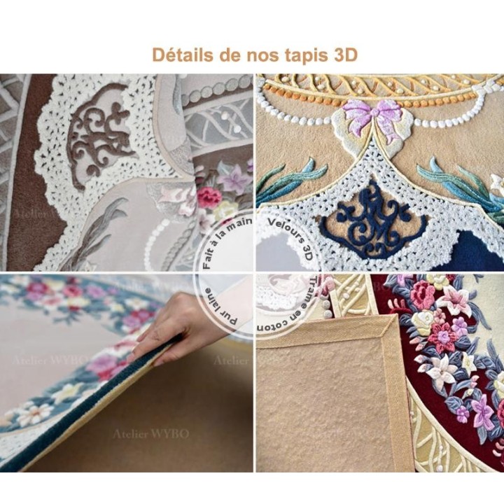 Tapis 3D fleurs violettes, perles et dentelles, fond jaune sable et bleu foncé