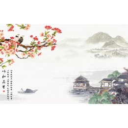 papier peint asiatique sur mesure style chinois paysage fleurs de cerisier oiseaux poème