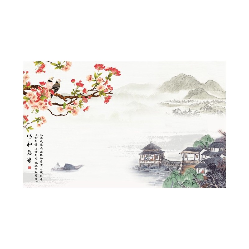 Papier peint chinois-Paysage avec les fleurs de cerisier et les oiseaux