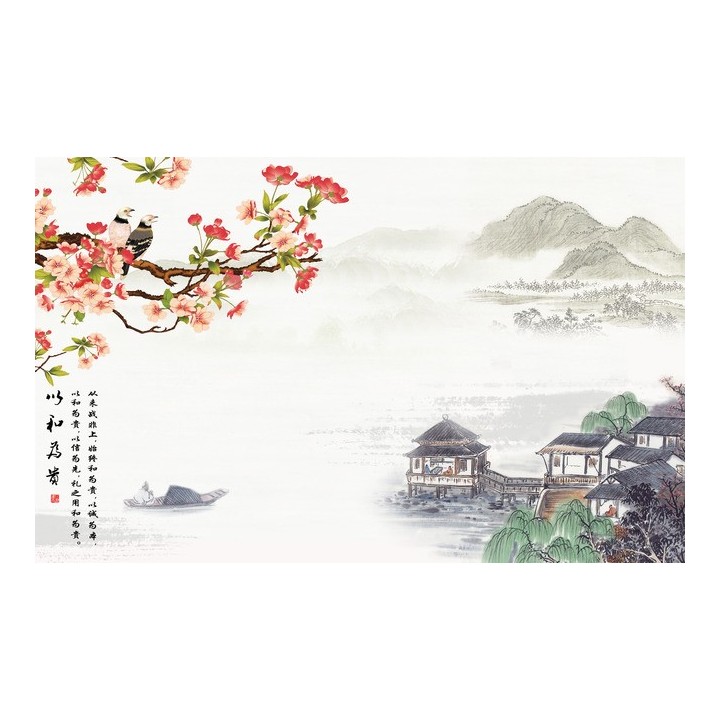 papier peint asiatique sur mesure style chinois paysage fleurs de cerisier oiseaux poème