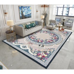 Tapis 3D fleurs rouges, perles et dentelles, fond beige et bleu clair