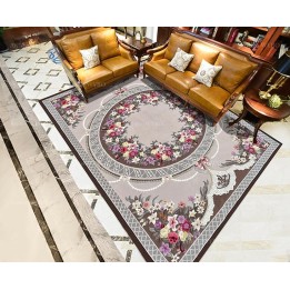 Tapis 3D fleurs rouges, perles et dentelles, fond beige et marron