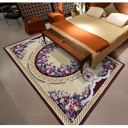 Tapis 3D fleurs rouges, perles et dentelles, fond jaune sable et rouge foncé