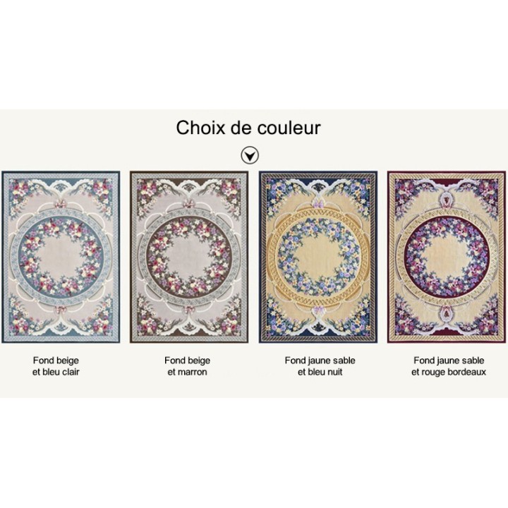 Tapis 3D fleurs violettes, perles et dentelles, fond jaune sable et bleu foncé