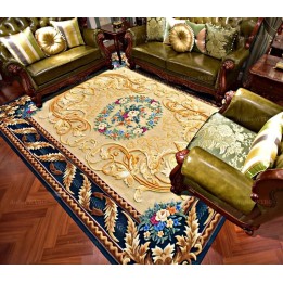 Tapis 3D symétrique fleurs et feuillages en relief, fond beige et bleu foncé
