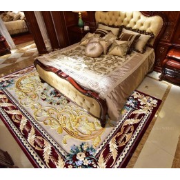 Tapis 3D symétrique fleurs et feuillages en relief, couleur jaune doré et rouge foncé