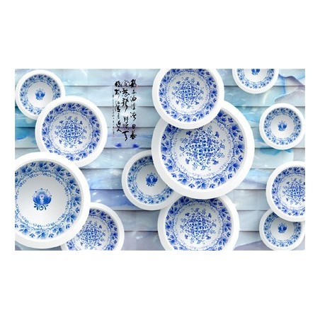 Papier peint 3D asiatique-Les assiettes en porcelaine sur jade