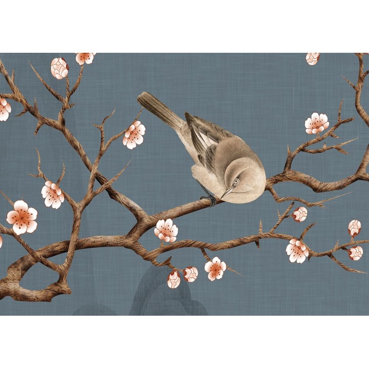 Tapisserie asiatique - Paysage avec les fleurs et les oiseaux fond bleu gris