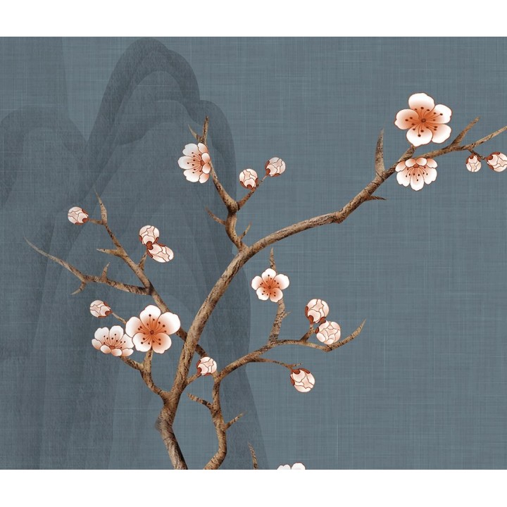 Tapisserie asiatique - Paysage avec les fleurs et les oiseaux fond bleu gris