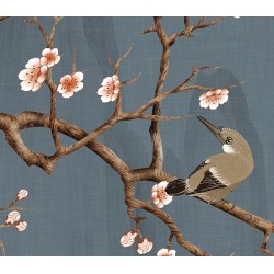 Tapisserie asiatique - Paysage avec les fleurs et les oiseaux fond bleu gris