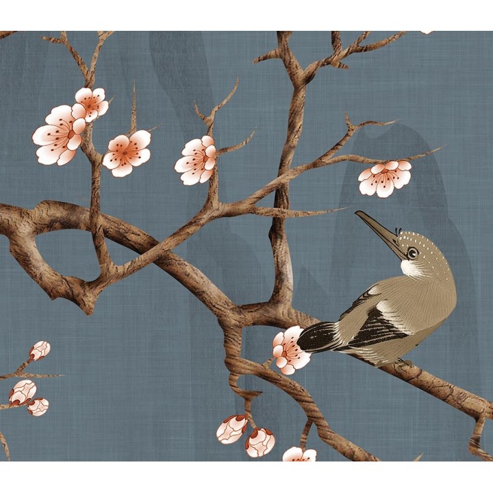 Tapisserie asiatique - Paysage avec les fleurs et les oiseaux fond bleu gris