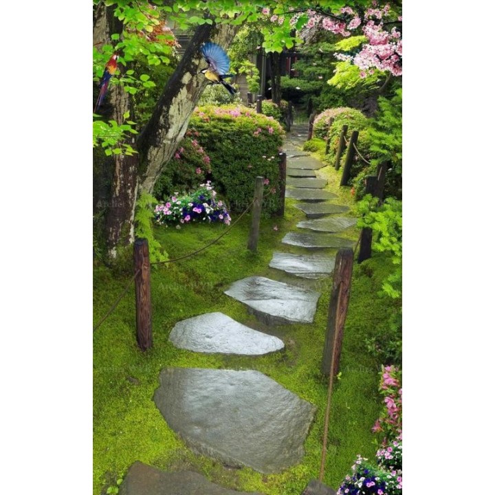 Panneau 3D effet de profondeur - Pas japonais dans jardin zen fleuri