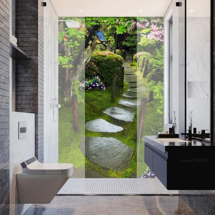 Panneau 3D effet de profondeur - Pas japonais dans jardin zen fleuri
