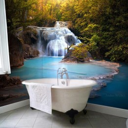 Crédence salle de bains grand format - Cascade et l'étang turquoise dans la forêt rocheuse