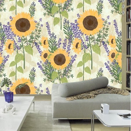 Papier peint floral ton jaune et violet design campagne - Tournesol, romarin et lavande