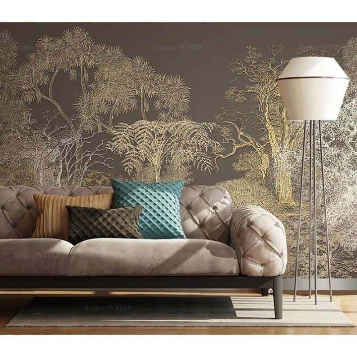 Papier peint doré et argenté effet bas relief - Arbres et fougère sur fond marron