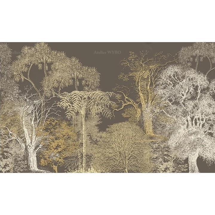 Papier peint doré et argenté effet bas relief - Arbres et fougère sur fond marron