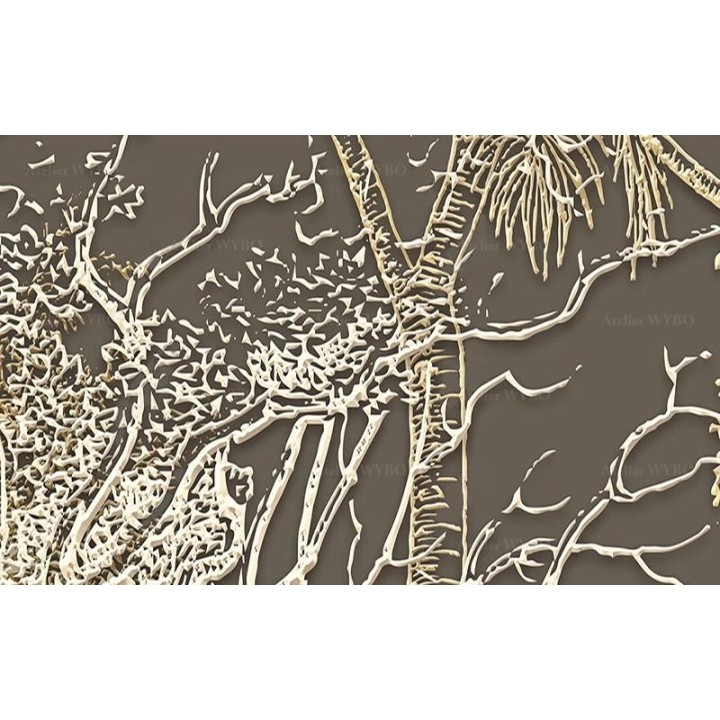 Papier peint doré et argenté effet bas relief - Arbres et fougère sur fond marron