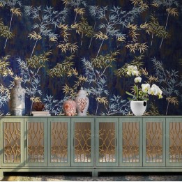 Tapisserie vintage asiatique aspect ancien - Bambous sur fond bleu foncé