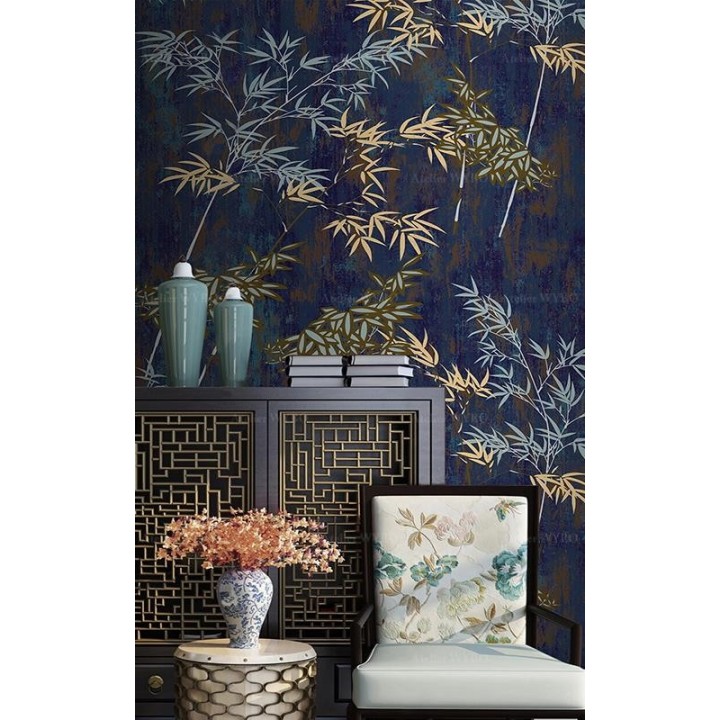 Tapisserie vintage asiatique aspect ancien - Bambous sur fond bleu foncé