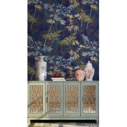Tapisserie vintage asiatique aspect ancien - Bambous sur fond bleu foncé