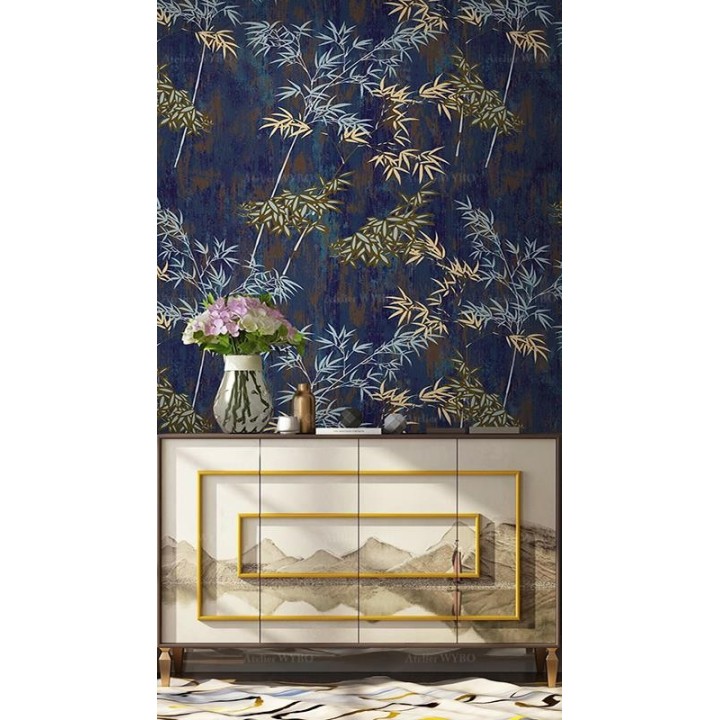 Tapisserie vintage asiatique aspect ancien - Bambous sur fond bleu foncé