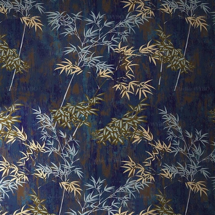 Tapisserie vintage asiatique aspect ancien - Bambous sur fond bleu foncé