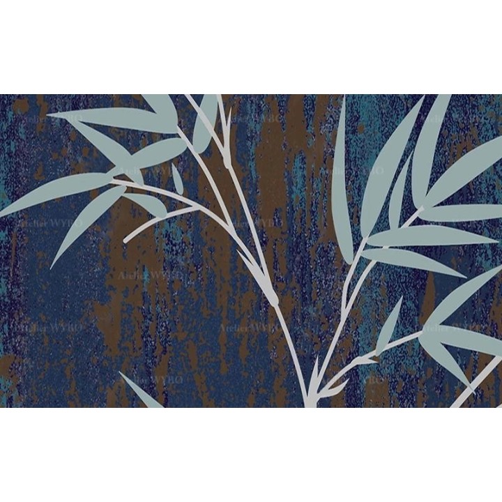Tapisserie vintage asiatique aspect ancien - Bambous sur fond bleu foncé