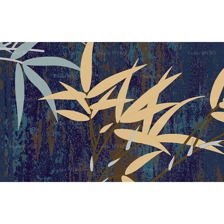 Tapisserie vintage asiatique aspect ancien - Bambous sur fond bleu foncé