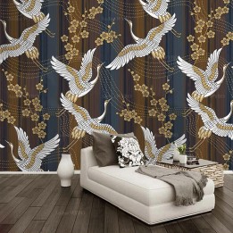 Panneau japonais style ancien ton marron - Grues du Japon et cerisiers